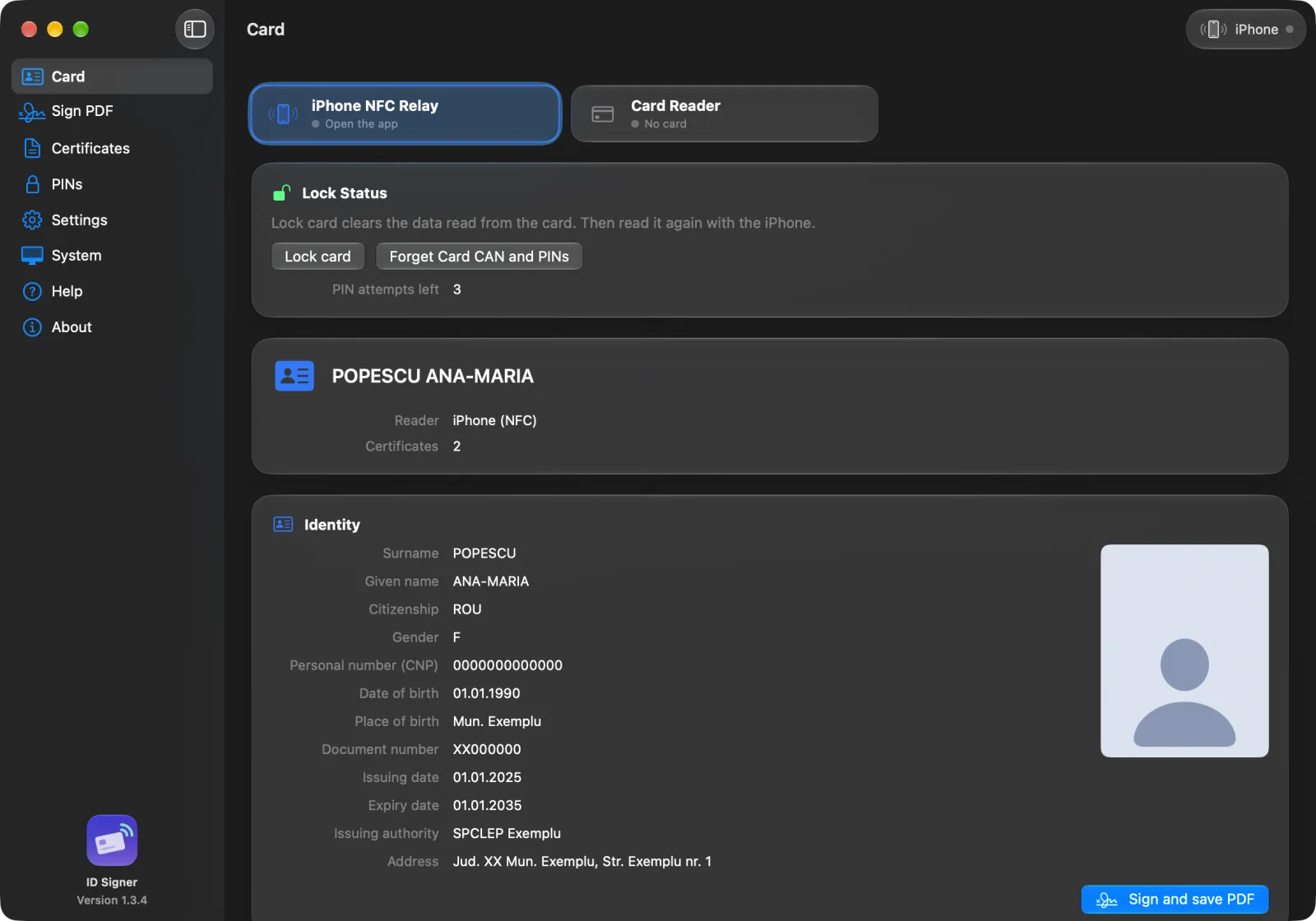 ID Signer on the Mac: the Card screen with sample identity data