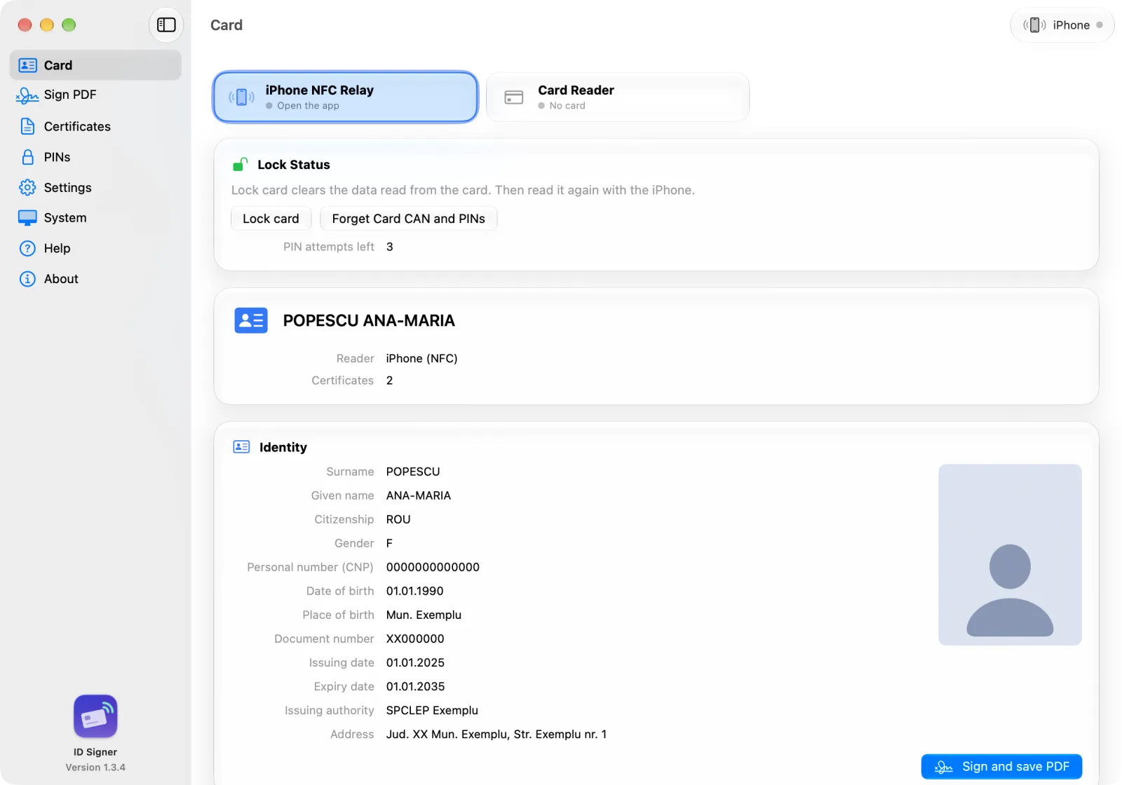 ID Signer on the Mac: the Card screen with sample identity data