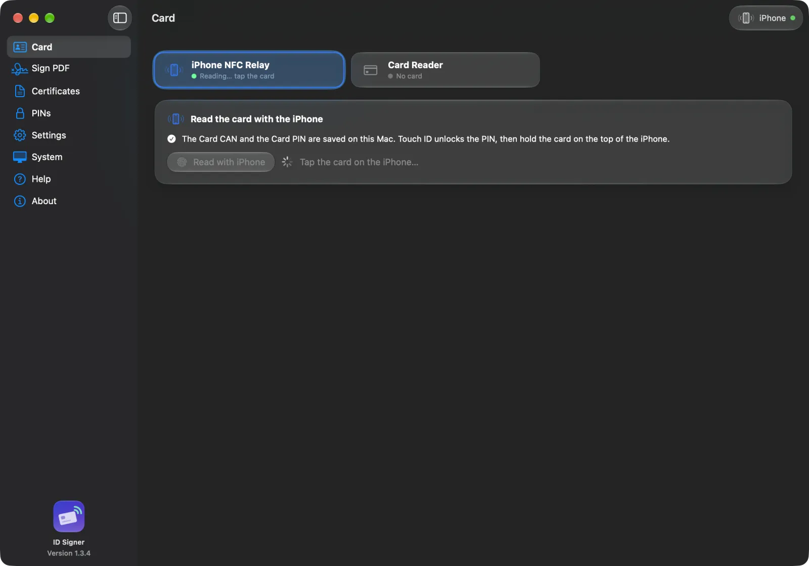 ID Signer on the Mac: the card is read through the paired iPhone