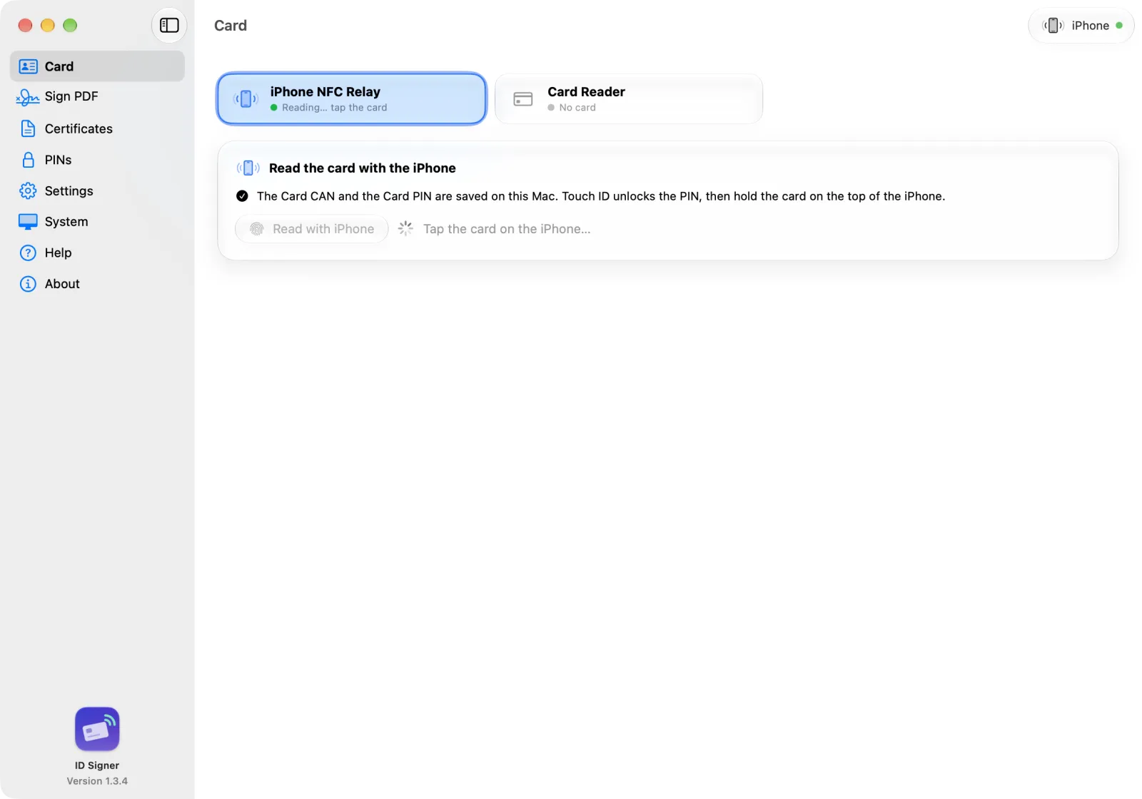 ID Signer on the Mac: the card is read through the paired iPhone