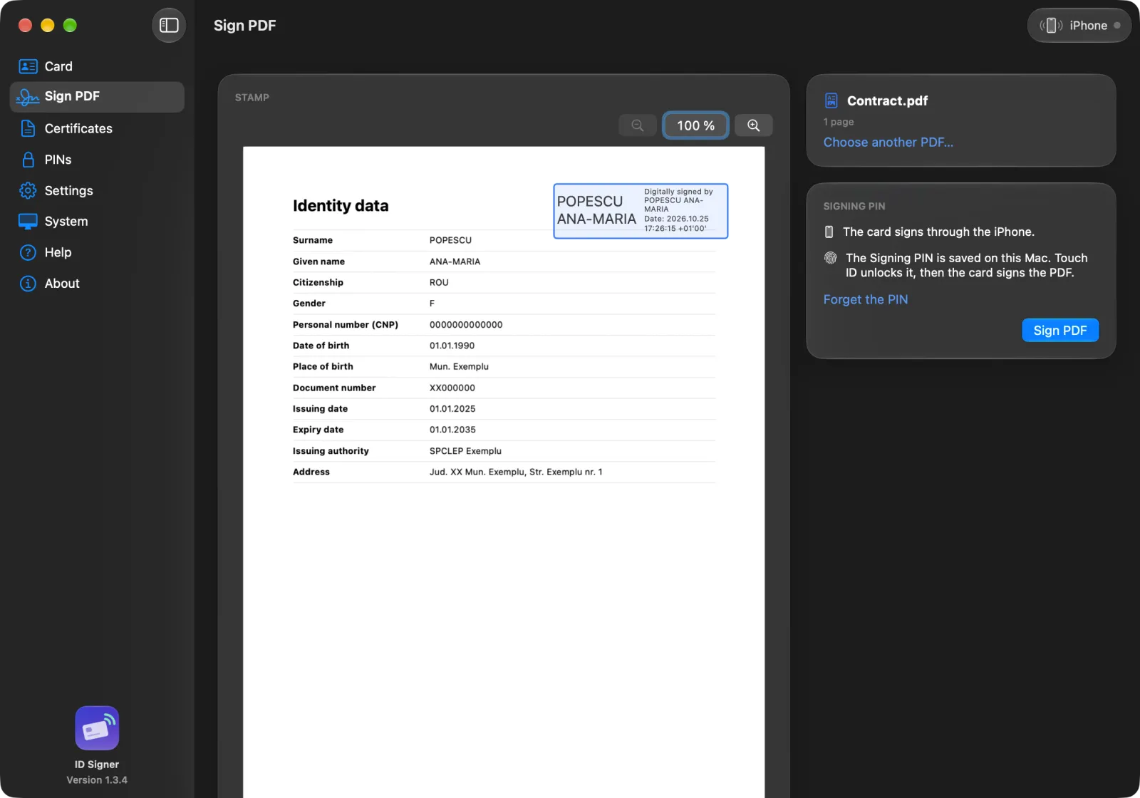 Sign PDF on the Mac: a PDF with the visible signature stamp