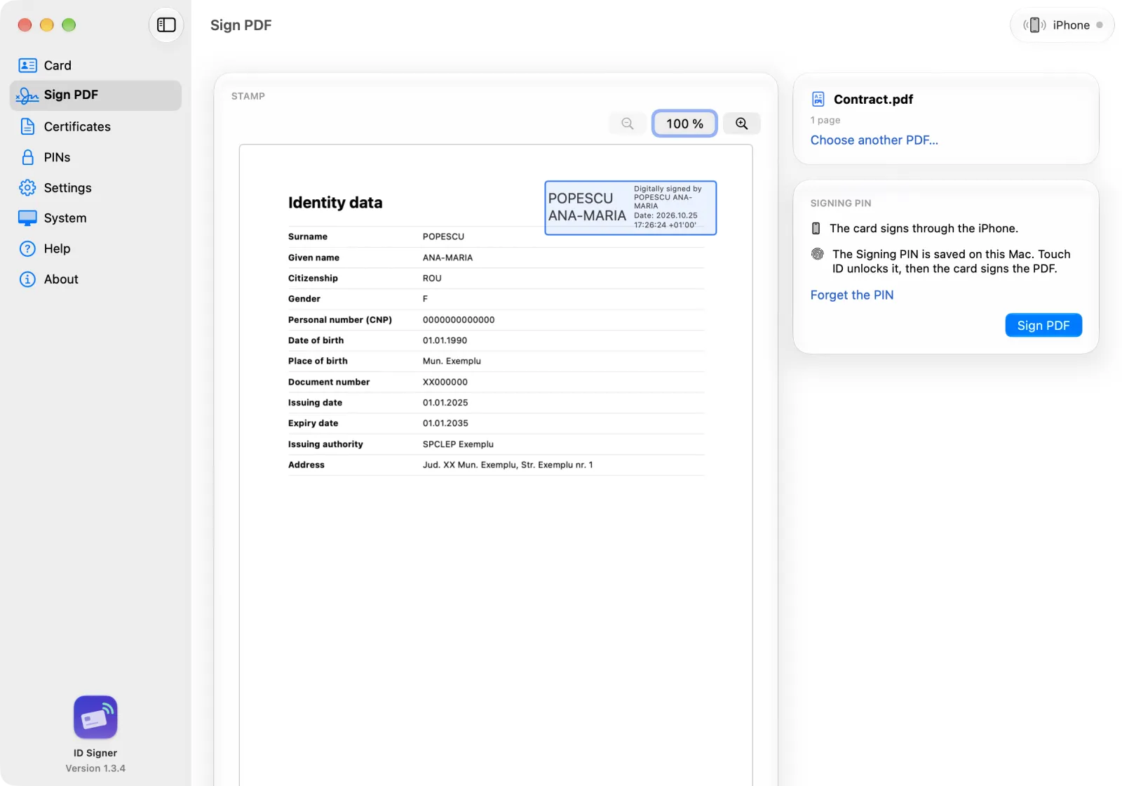 Sign PDF on the Mac: a PDF with the visible signature stamp